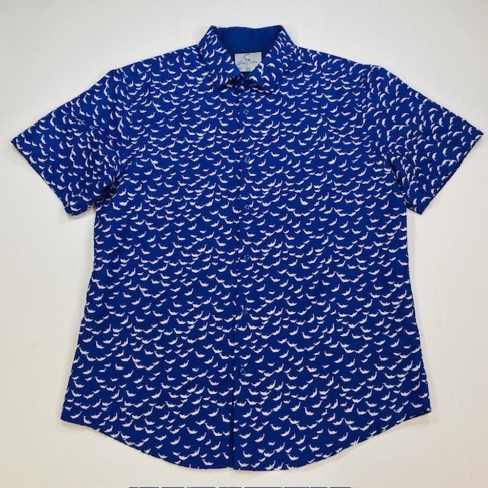Suslo Couture Mens 3XL Slim Fit Blue White Dolphin Print Short Sleeve Shirt
